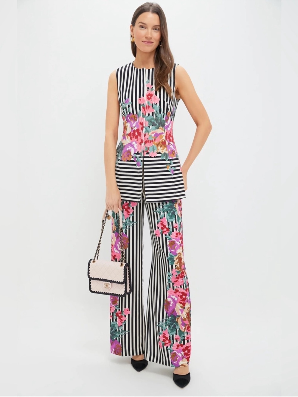 Tuckernuck Structured Rhoda Tunic Top Floral Stripe Black White Sz 8 NWT - Picture 10 of 12